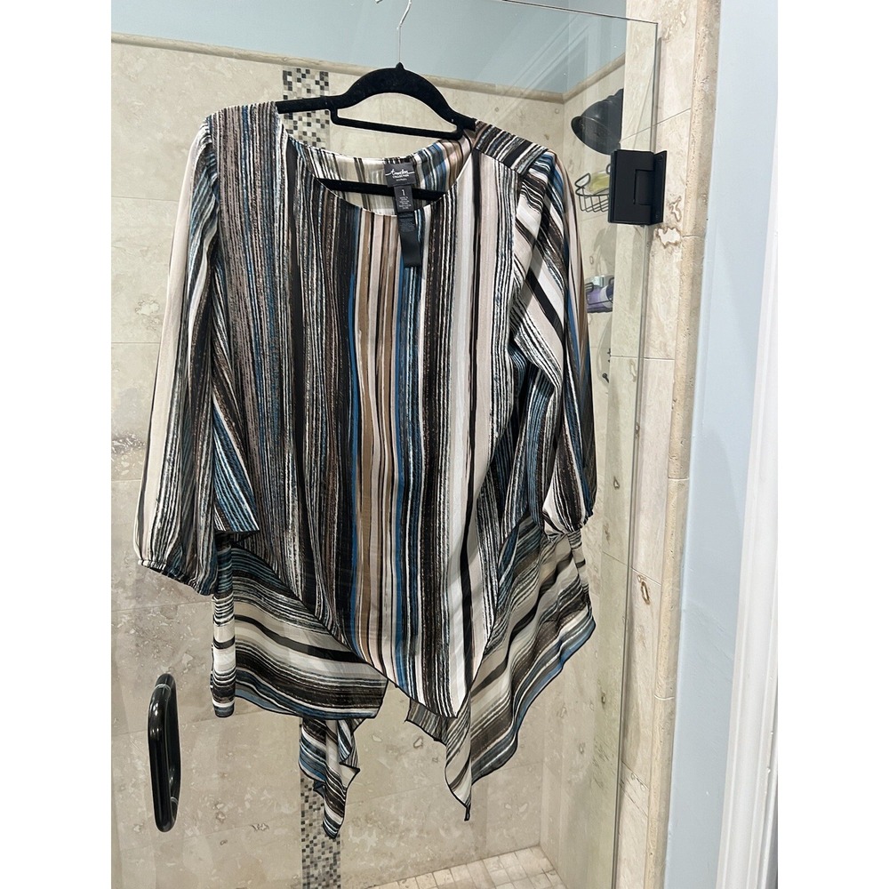 Chicos Travelers Asymmetrical Brown Green Stripe 3/4 Sleeve Blouse Tunic Sz 1 M